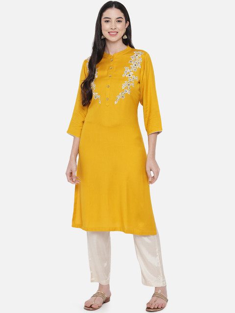 

Aujjessa Women Mustard Yellow & White Floral Embroidered Kurta