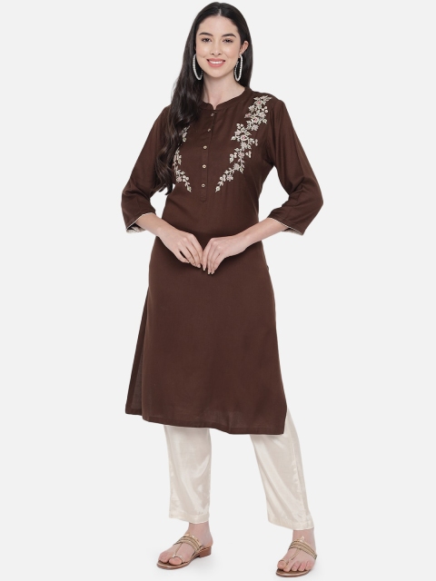 

Aujjessa Women Brown & White Ethnic Motifs Embroidered Rayon Kurta