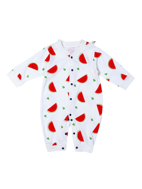 

Hopscotch Infant Kids White & Red Printed Pure Cotton Rompers