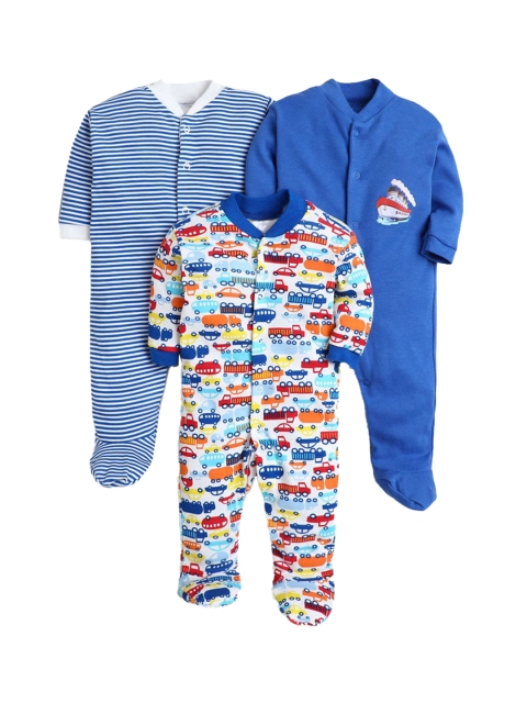 

Hopscotch Boys Pack Of 3 Blue Printed Cotton Bodysuits