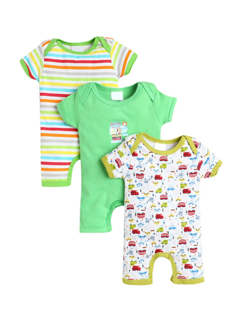 

Hopscotch Infants Boys Pack Of 3 Pure Cotton Rompers, Green