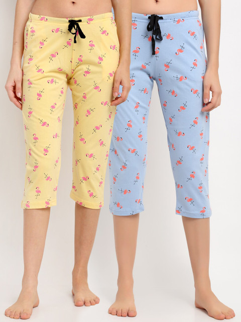 

Kanvin Women Yellow & Blue Pack Of 2 Printed Pure Cotton Lounge Capris
