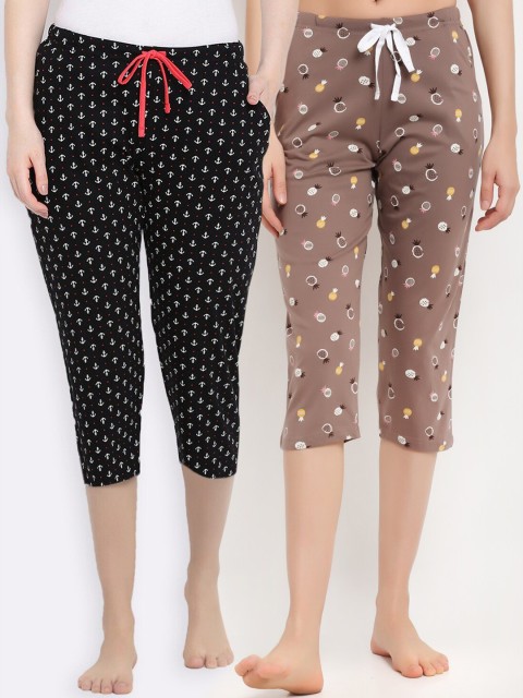 

Kanvin Women Brown & Black Pack Of 2 Printed Pure Cotton Lounge Capris