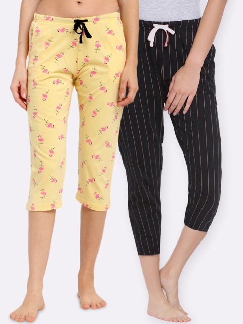 

Kanvin Women Yellow & Black Pack Of 2 Printed Pure Cotton Lounge Capris