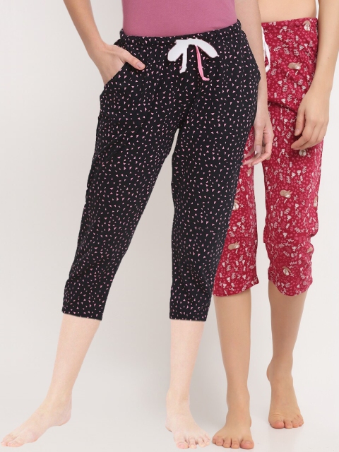 

Kanvin Women Pack Of 2 Printed Pure Cotton Three-Fourth Lounge Pants, Red