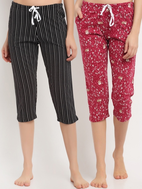 

Kanvin Women Red & Black Pack Of 2 Printed Pure Cotton Lounge Capris