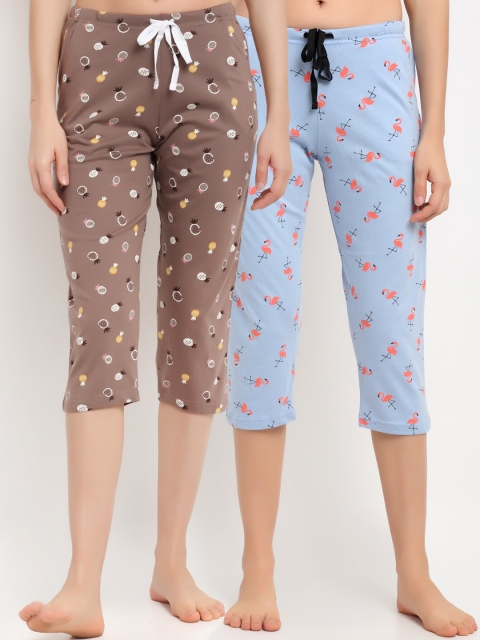 

Kanvin Women Brown & Blue Pack Of 2 Printed Pure Cotton Lounge Capri