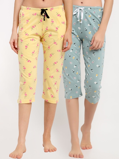 

Kanvin Women Pack Of 2 Printed Pure Cotton Lounge Capri, Sea green