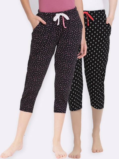 

Kanvin Women Pack Of 2 Printed Pure Cotton Lounge Capris, Black