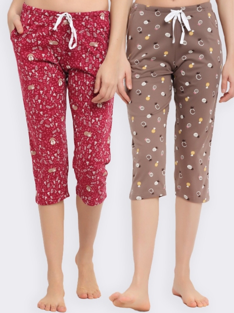 

Kanvin Women Pack of 2 Red & Brown Pure Cotton Lounge Pants