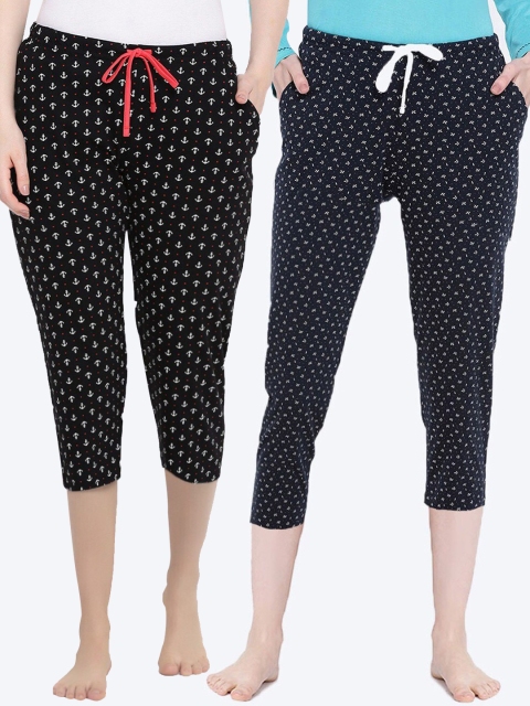 

Kanvin Women Pack Of 2 Printed Cotton Lounge Capris, Navy blue