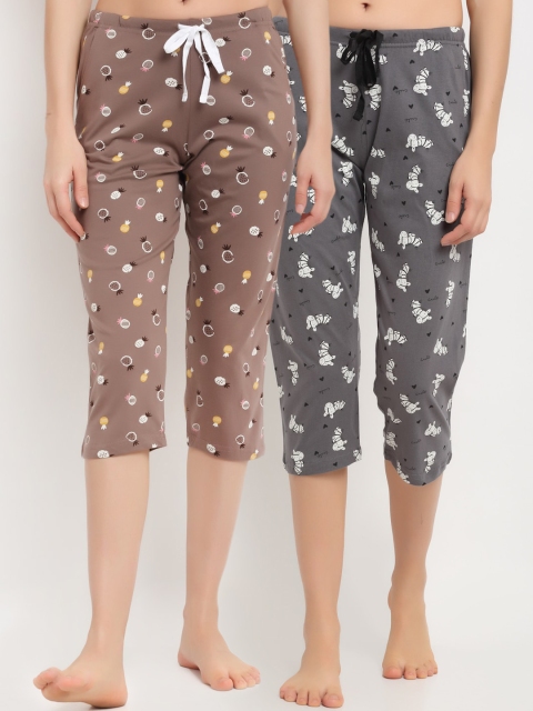 

Kanvin Women Brown & Grey Pack Of 2 Printed Pure Cotton Lounge Capris