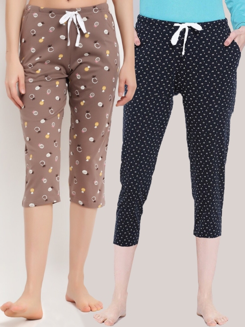 

Kanvin Women Pack Of 2 Printed Pure Cotton Lounge Capris, Brown