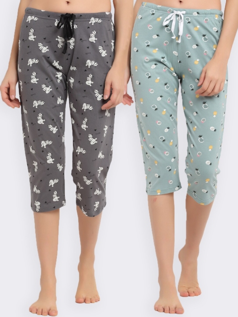 

Kanvin Women Pack Of 2 Printed Pure Cotton Lounge Capris, Sea green