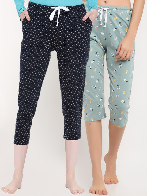 

Kanvin Women Sea Green & Navy Blue Pack Of 2 Printed Pure Cotton Lounge Capri