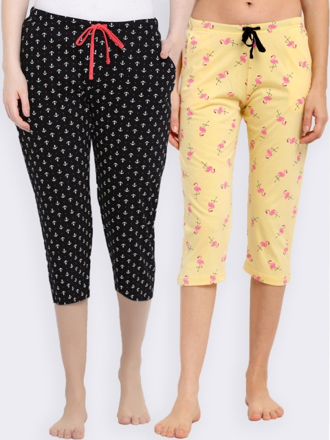 

Kanvin Women Pack Of 2 Printed Pure Cotton Lounge Capris, Yellow