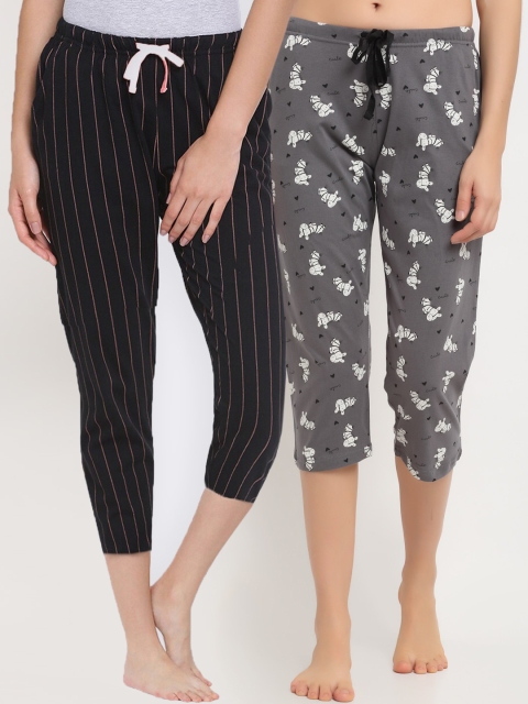 

Kanvin Women Grey & Black Pack Of 2 Printed Pure Cotton Lounge Capris