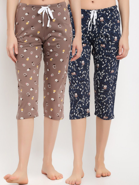 

Kanvin Women Pack Of 2 Pure Cotton Lounge Capris, Brown