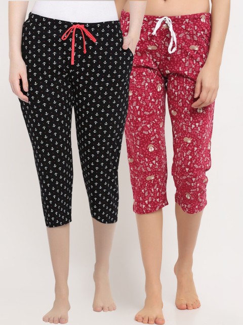 

Kanvin Women Pack Of 2 Printed Pure Cotton Capri Lounge Pants, Red