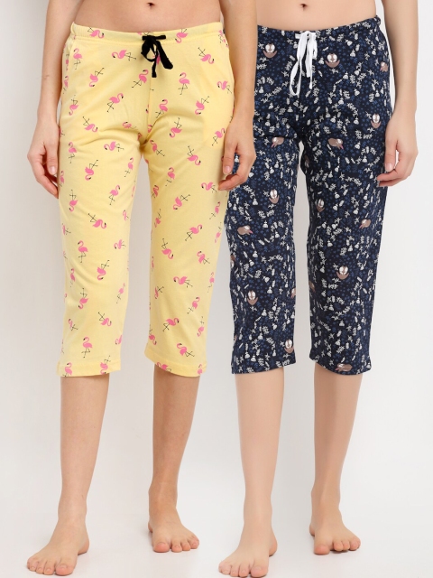 

Kanvin Women Yellow & Navy Blue Pack Of 2 Printed Pure Cotton Lounge Capris