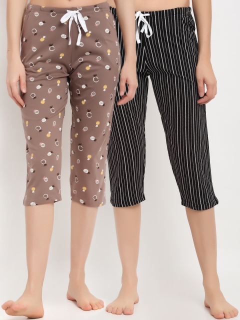 

Kanvin Women Brown & Black Pack Of 2 Printed Pure Cotton Lounge Capris