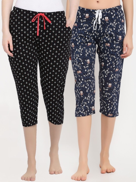 

Kanvin Women Pack Of 2 Printed Pure Cotton Lounge Pants, Navy blue