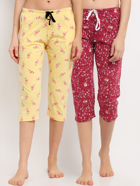 

Kanvin Women Pack Of 2 Pure Cotton Lounge Capris, Yellow