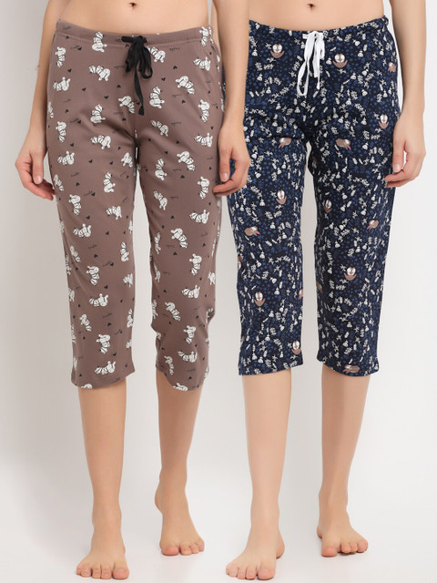 

Kanvin Women Navy Blue & Brown Pack Of 2 Printed Pure Cotton Lounge Capris