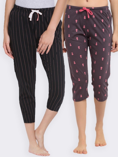 

Kanvin Women Pack Of 2 Printed Pure Cotton Three-Fourth Lounge Pants, Purple