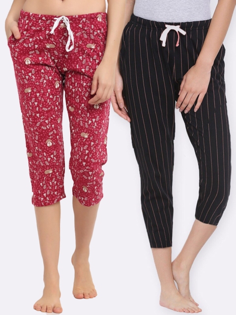 

Kanvin Women Pack Of 2 Printed Pure Cotton Lounge Pants, Red