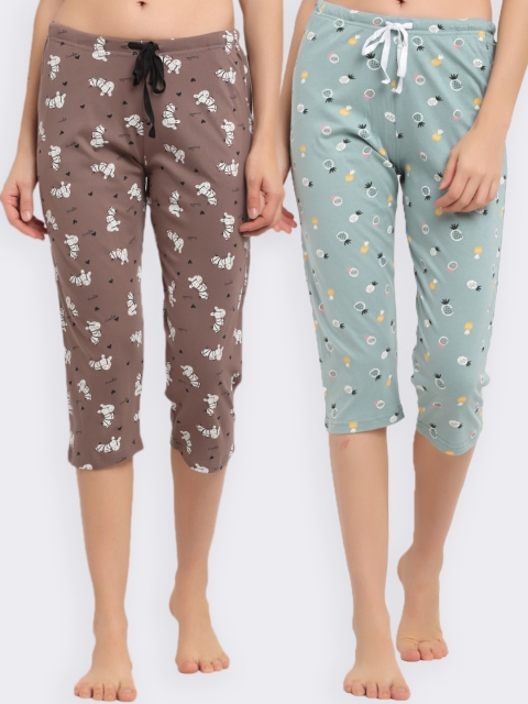 

Kanvin Women Pack Of 2 Printed Pure Cotton Lounge Capri, Sea green