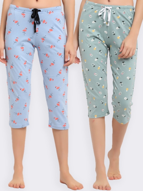 

Kanvin Women Sea Green & Blue Pack Of 2 Printed Pure Cotton Lounge Capri