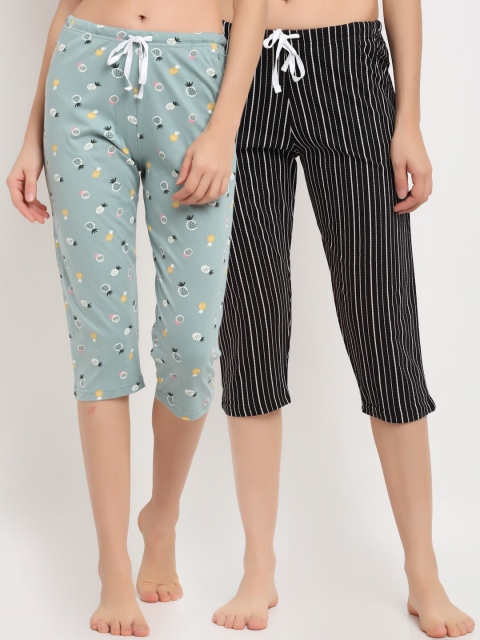 

Kanvin Women Sea Green & Black Pack Of 2 Printed Pure Cotton Lounge Capris