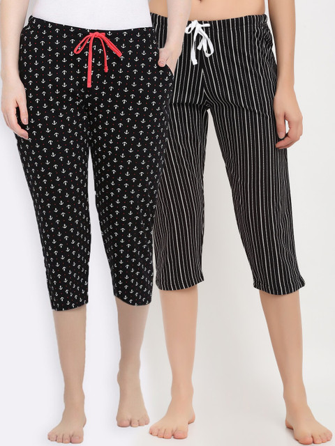 

Kanvin Women Pack Of 2 Printed Pure Cotton Lounge Capri, Black