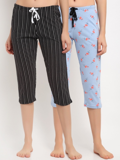 

Kanvin Women Blue & Black Pack Of 2 Printed Pure Cotton Lounge Capris