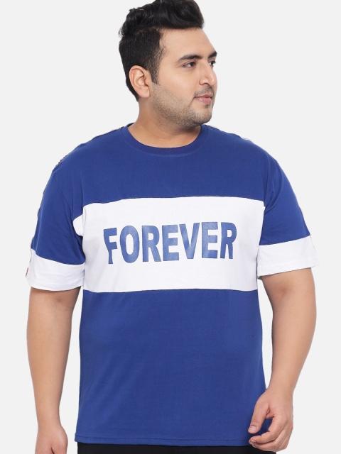 

KAY DEE Men Plus Size Blue & White Typography Colourblocked Pure Cotton T-shirt