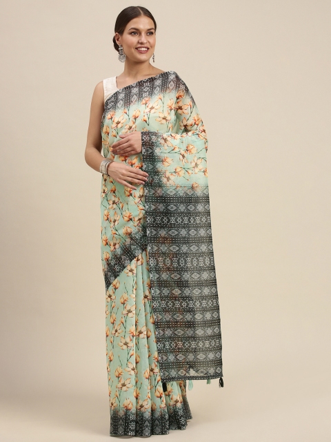 

SANGAM PRINTS Sea Green & Black Floral Saree