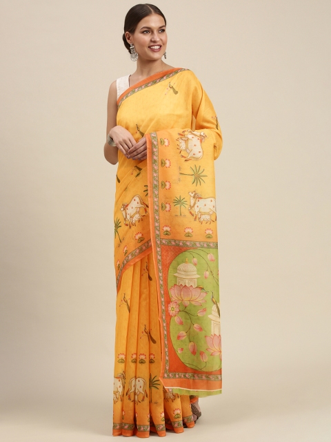 

SANGAM PRINTS Mustard Yellow & Green Ethnic Motifs Saree