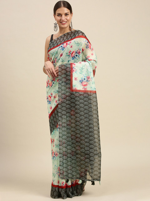 

SANGAM PRINTS Sea Green & Black Floral Saree