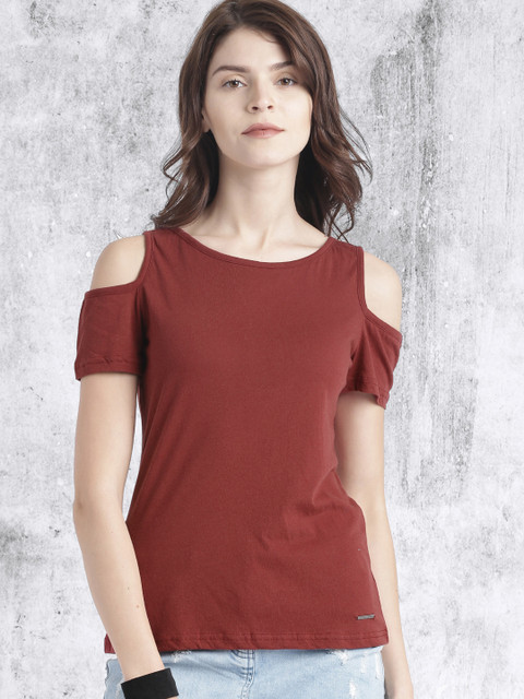 

Roadster Rust Red Solid Cold-Shoulder Pure Cotton Top