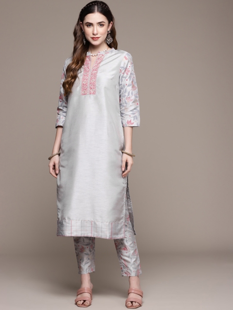 

ZIYAA Women Grey Ethnic Motifs Yoke Design Kurta with Trousers