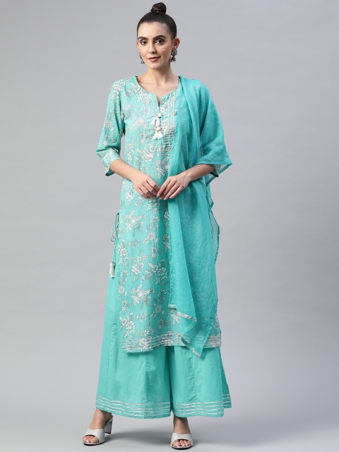 

Yuris Women Blue Floral Print Pure Cotton Kurta with Sharara & Dupatta