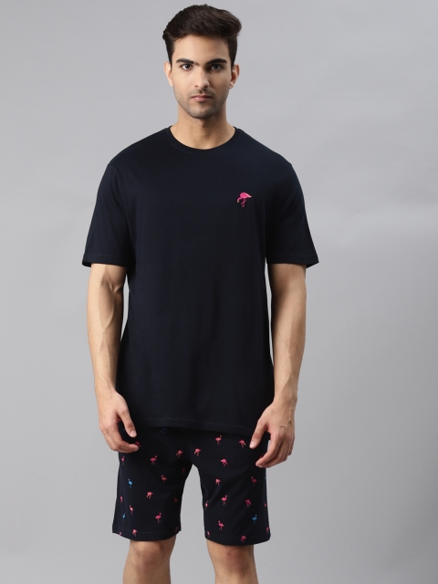 

Marks & Spencer Men Navy Blue & Pink Flamingo Print Pure Cotton Shorts Set