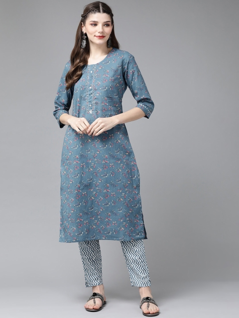 

Yufta Women Blue Ethnic Motifs Printed Aari Work Pure Cotton Kurta With Palazzos