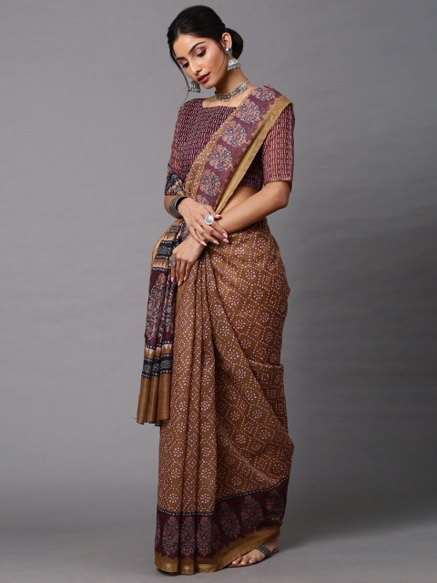 

Mitera Women Beige Printed Linen Blend Saree