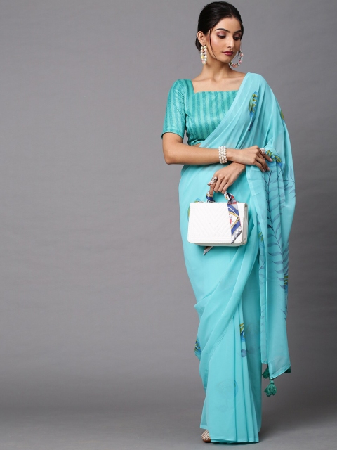 

Mitera Turquoise Blue Georgette Floral Printed Saree