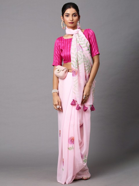 

Mitera Pink Floral Printed Georgette Saree