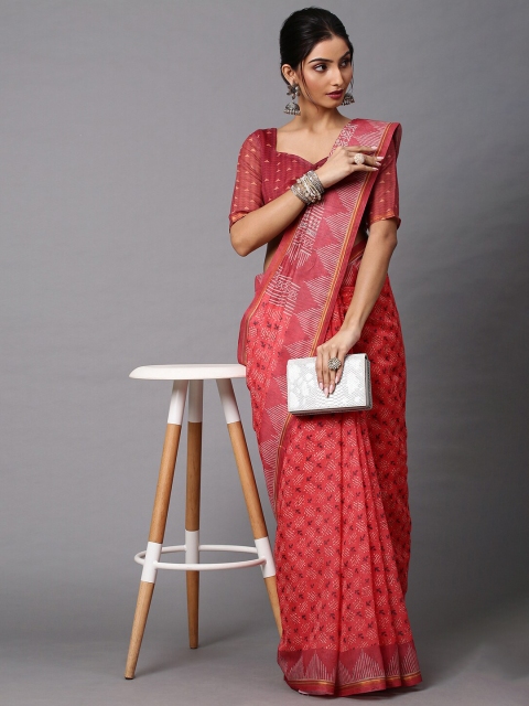 

Mitera Rust & White Batik Linen Blend Block Print Saree