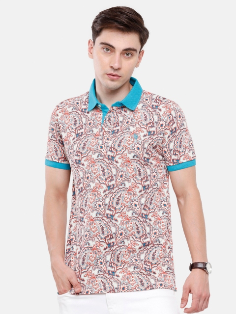 

Swiss Club Men White & Rust Paisley Printed Polo Collar Slim Fit Pure Cotton T-shirt