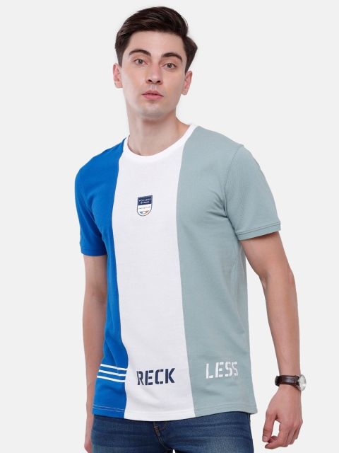 

Swiss Club Men Blue & White Colourblocked Slim Fit Pure Cotton T-shirt